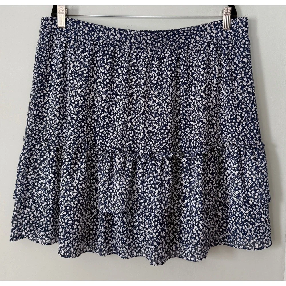 J.Crew Ditsy Floral Tiered Mini Skirt Elastic Waist XL Navy Blue White Spring‎
